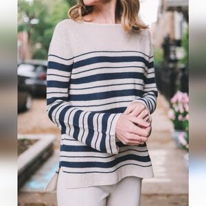 M.M. Lafleur The Samara Sweater Navy/Ivory Striped 100% Linen Knit Size XL